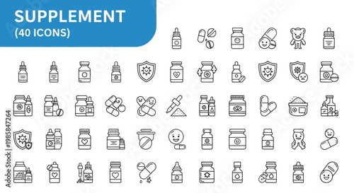 Minimalist monochrome line art medical supplement icon set showcasing diverse health products for wellness, skincare, and medicinal applications, with vials, pills, and protective symbols, p