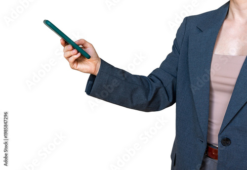 Businesswoman in grey suit jacket holding a smartphone isolated on a transparent background