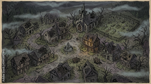 Spooky haunted village map, abandoned gothic town with cemetery, dark fantasy horror vector
