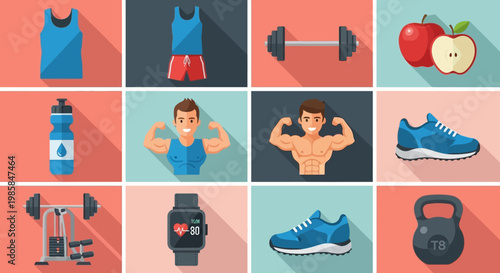 A vibrant digital vector flat lay composition presents essential fitness elements, including apparel, weights, workout routines, healthy food choices, and smartwatch accessories. This imager
