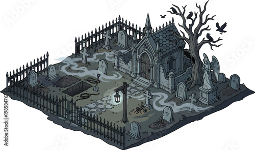 Isometric spooky graveyard vector, haunted cemetery with gothic crypt, creepy halloween graveyard