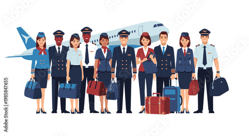 Diverse Airline Crew Group with Pilots and Flight Attendants Vector Illustration Standing Together in Front of a Commercial Airplane for Travel Industry Design