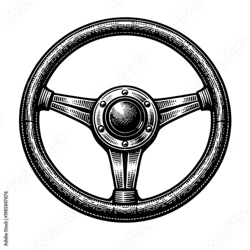 Vintage Classic Car Steering Wheel Engraving Style Illustration for Automotive, Racing, and Retro Design Projects - Hand-Drawn Black & White Artistic Graphic Element for Old Timers & Driving Enthusias