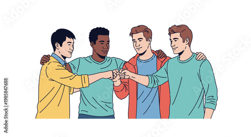 Diverse Group of Young Men Fist Bumping Together Vector Illustration Showing Unity and Teamwork