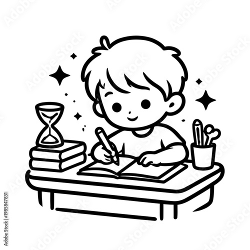 Young boy studying and writing at a desk with school supplies  
