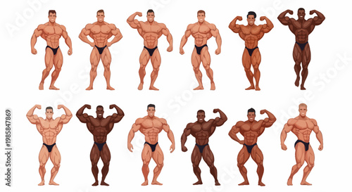 A detailed and diverse collection of stylized, artistic representations of male bodybuilders posing and flexing their muscles, showcasing variations in skin tone, perfect for fitness concept