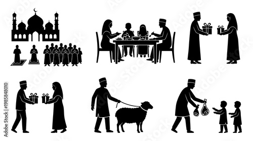 Muslim Eid Al Adha Activity Silhouette Vector Bundle Illustrating Congregation Mosque Prayer, Family Festive Dinner, Gift Exchange, Sheep Sacrifice, and Meat Charity to Children