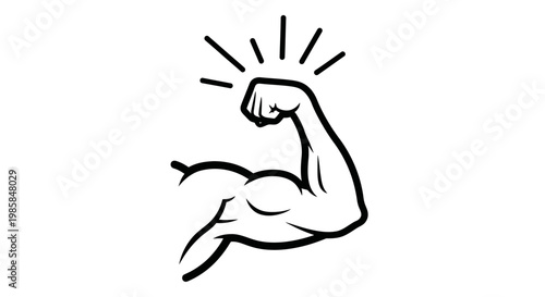 Bold graphic outline of a flexing arm, showcasing strength and power, in a simple black and white style, ideal for representing concepts of fitness, health, and achievement with dynamic ener