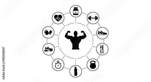 A stylized, minimalist diagram depicting a muscular figure flexing amidst circular icons representing aspects of a healthy lifestyle; fitness, diet, and training; a monochromatic artistic co