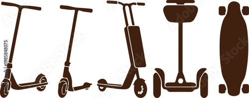 Set of modern electric scooters and skateboard silhouettes for urban transportation and personal mobility device concepts