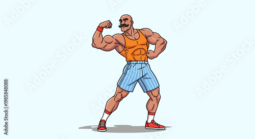Cartoon strongman flexing muscles, vibrant animated style, retro-cartoon character with mustache and athletic body posing and showing off strength, fitness and healthy lifestyle context.