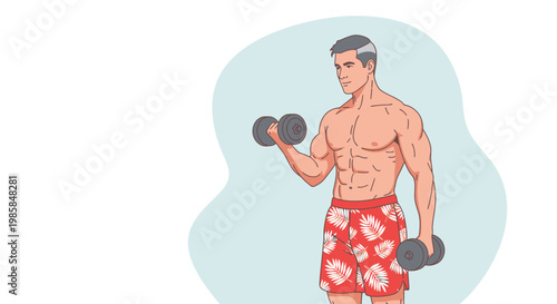 A strong, muscular man in red patterned shorts exercises with dumbbells, performing bicep curls dynamically, flat vector art style on a light teal background offering copy space
