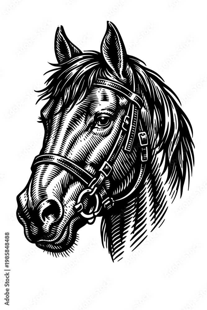Obraz premium Magnificent black & white horse head in classic woodcut engraving, showcasing intricate detail and a traditional bridle. This vintage equine illustration embodies elegance, perfect for equestrian art,