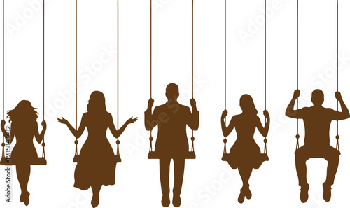 Diverse group of people enjoying leisure time sitting on individual swings hanging from above