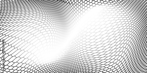Abstract black and white mesh wave background with flowing grid lines and depth distortion, modern futuristic vector design for digital, print, and technology projects