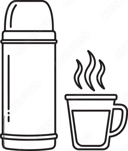 Thermos and steaming hot cup of coffee or tea