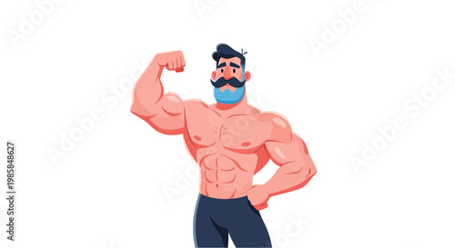 Cartoon-style muscular man flexing his bicep, showcasing strength and fitness. He sports a full beard and a face mask in this simple, vector graphic style conveying health consciousness and 