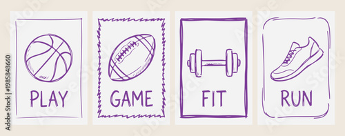 Game football sports icon, fit gym dumbbell illustration, minimalist athletic workout poster, creative fitness training vector, aesthetic healthy lifestyle design, professional sports gear graphics, a
