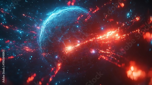 Blue sphere emitting orange particles in a dark background, suitable for web use