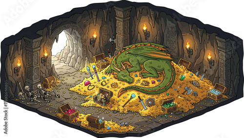 Fantasy dragon treasure cave, green dragon sleeping on gold coins, isometric dungeon vector art