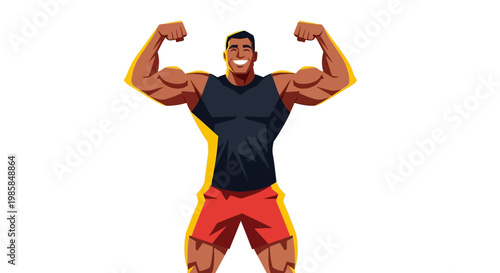 A vibrant, vector art representation of a powerfully built African-American athlete flexing his muscles, showcasing strength and determination, against a clean white background, reflecting f