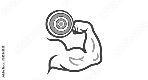 Minimalist monochrome graphic of a stylized muscular arm flexing while holding a weight, symbolic representation of fitness, strength, and the pursuit of physical excellence on white backgro