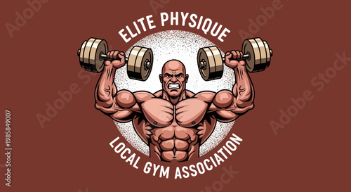 Illustration of a muscular bodybuilder lifting heavy dumbbells overhead, emblem for a local gym association, Elite Physique theme, vintage style, sports logo design, fitness concept on a red