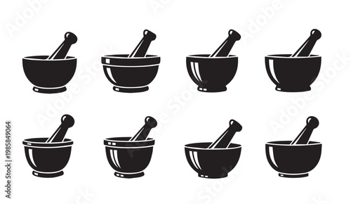 Mortar and Pestle Icons in Silhouette on White Background for Herbal Medicine and Pharmacy Concepts