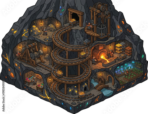 Isometric fantasy gold mine vector, underground dwarf cavern workshop, medieval mining industry