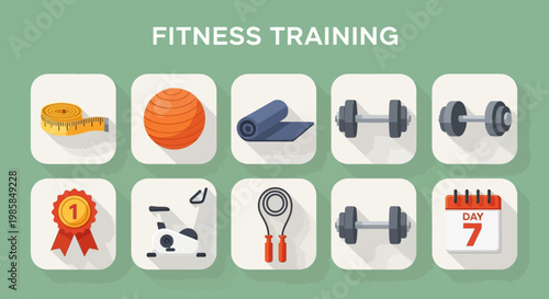 A detailed, flat-design composite showcasing various essential fitness elements, including measuring tape, balance ball, yoga mat, dumbbells, motivational award, climbing wall, jump rope, an
