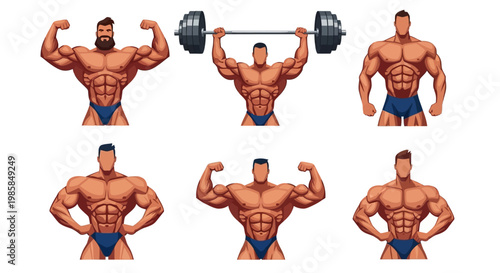 A collection of six digitally rendered, stylized illustrations of muscular bodybuilders in various poses, showcasing strength, fitness, and weightlifting activities, for design and print use