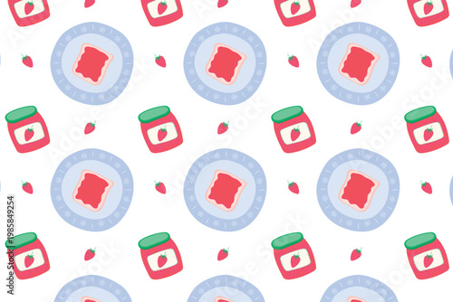 Strawberry jams, toast on plates, jars of preserves.
Cool illustration.
Seamless background for food textures or packaging materials.