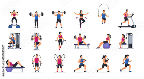 Diverse Fitness and Workout Routine Set Flat vector style showcasing various exercises like strength training with dumbbells, barbell lifts, cardio with treadmill and jump rope, core exercis