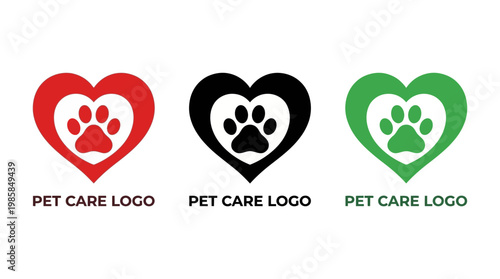 Bold and Flat Pet Care Logos featuring Heart Shapes and Paw Prints, Ideal for Veterinary Clinics and Animal Welfare Branding