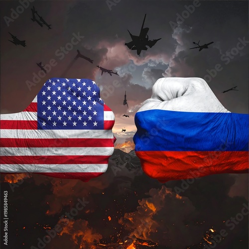 Two fists painted with flags facing each other amidst war scene