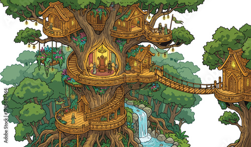 Fantasy treehouse village vector, magical forest kingdom, wooden elven dwellings in giant tree