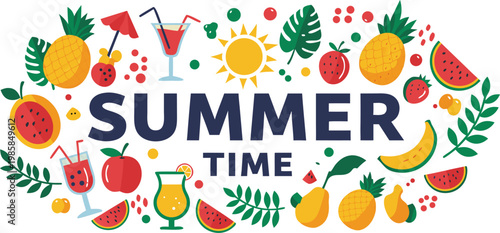 Vibrant summer time illustration with fresh fruits and drinks