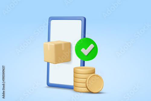 3d vector delivery service on mobile application with cardboard box and gold coins stack with green check mark icon for online shopping concept, order confirmation and fast shipping background.