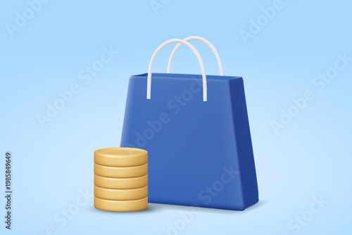 3d vector of a blue shopping bag with a stack of golden coins isolated on a blue background, representing online retail commerce, financial savings, business marketing, and consumer spending icon.