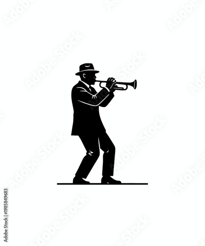 jazz musician playing trumpet in monochrome flat design vector illustration