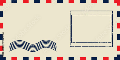 Vintage Airmail Postcard Template with Distressed Texture – Retro Postal Background with Grunge Rubber Stamp and Striped Border. Vector Illustration