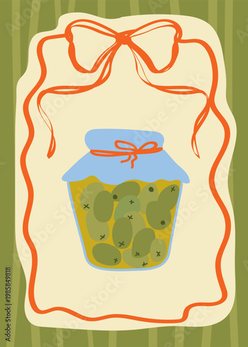 Rustic glass jar of pickled green olives with decorative bow and wavy border in folk art style.  Cottagecore Art