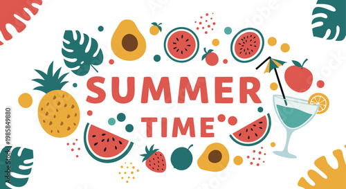 Vibrant summer time graphic with fresh fruits and tropical leaves