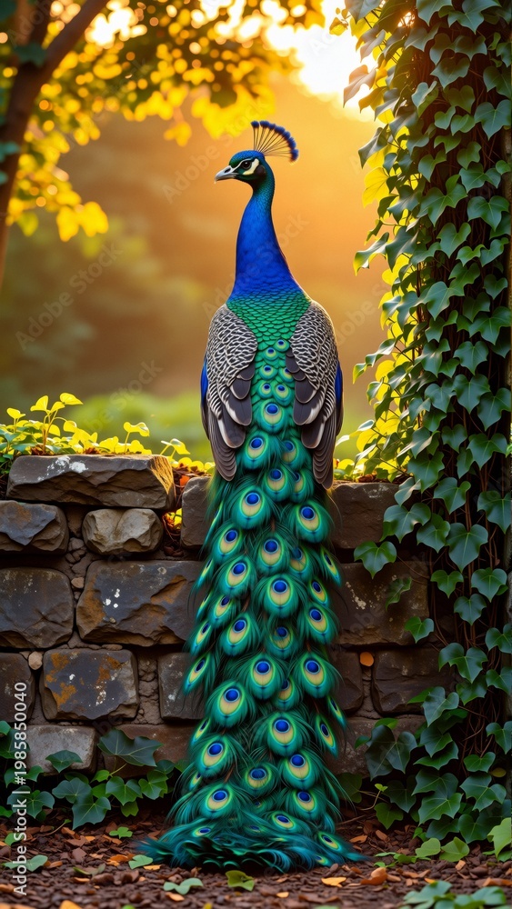 Obraz premium photograph peacock standing stone wall garden peacock facing towards right side its head turned slightly has vibrant blue body green blue feathers its tail feathers spread out fan like manner
