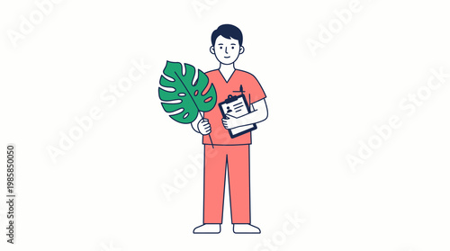 Male Nurse Holding Monstera Leaf and Clipboard Illustration