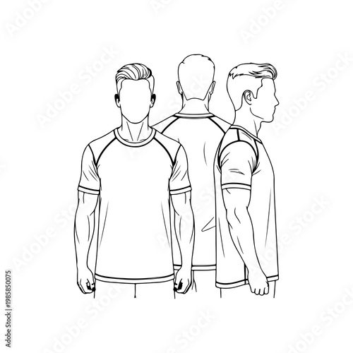 Three individuals wearing casual t-shirts and headphones facing away