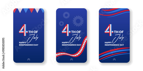 4th of July USA Independence Day American Flag Illustration with bunting and bursting colorful firework illustration on blue background