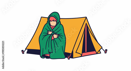 Person Wrapped in Blanket Outside Camping Tent Illustration