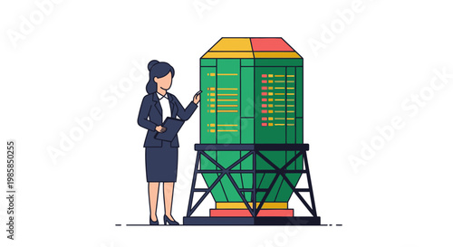 Businesswoman inspecting industrial tank with data indicators