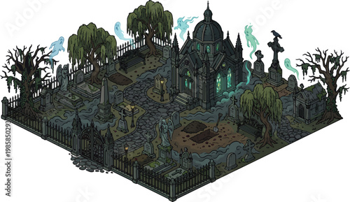 Gothic isometric graveyard vector, haunted cemetery with ghosts, spooky mausoleum game asset